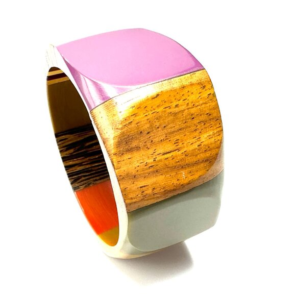 Vintage 1970s Lucite & Wood Bangles — Handcrafted Geometric Bracelets — EUC - Picture 5 of 16